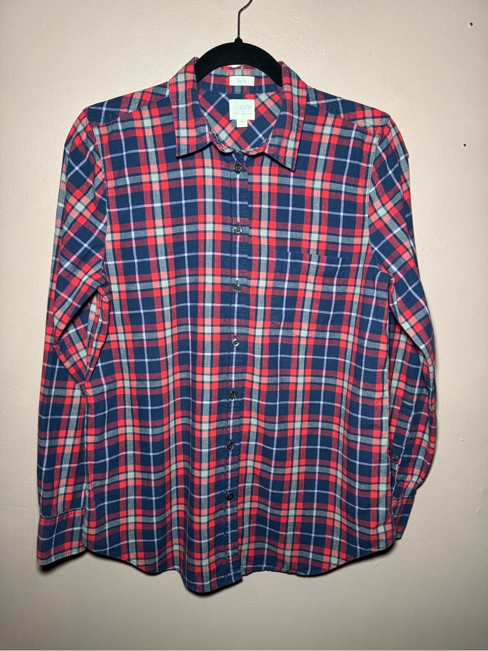 J.Crew Womens Boy Fit Blue Red Gray Plaid Cotton Button Up Shirt Size S